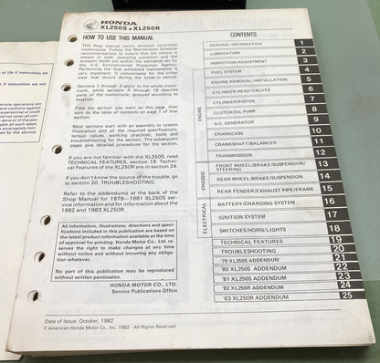 Genuine Honda 6142805 XL250S, XL250R Shop Manual 1982