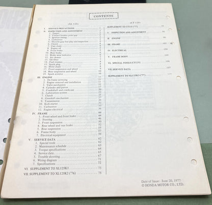 Genuine Honda 6136506 XL125, CT125 Shop Manual 1977
