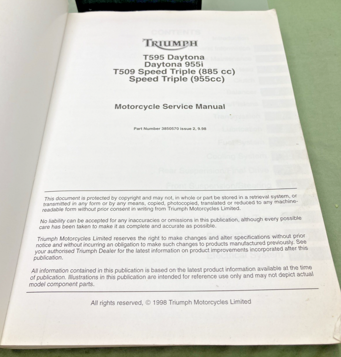 GENUINE TRIUMPH 3850570 DAYTONA AND SPEED TRIPLE SERVICE MANUAL 1998
