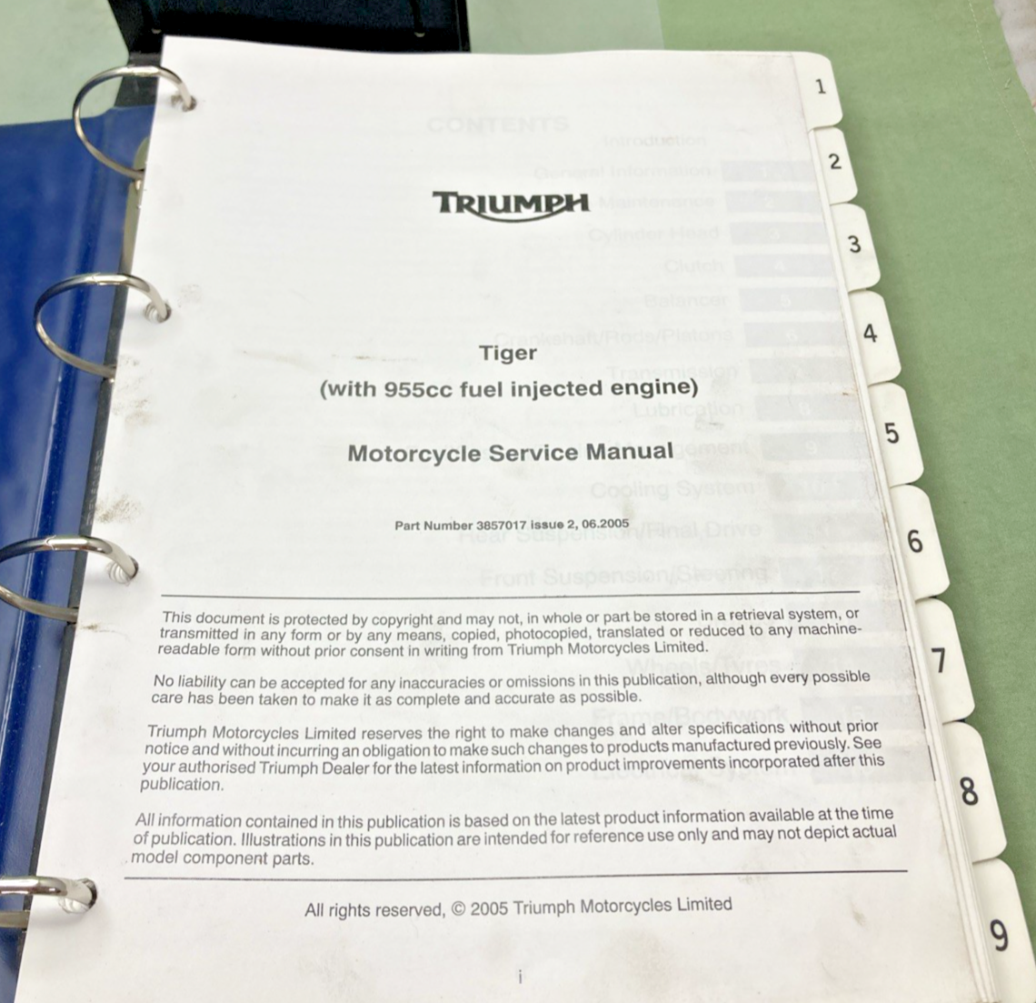 GENUINE TRIUMPH 3857017 TIGER 955CC SERVICE MANUAL 2005