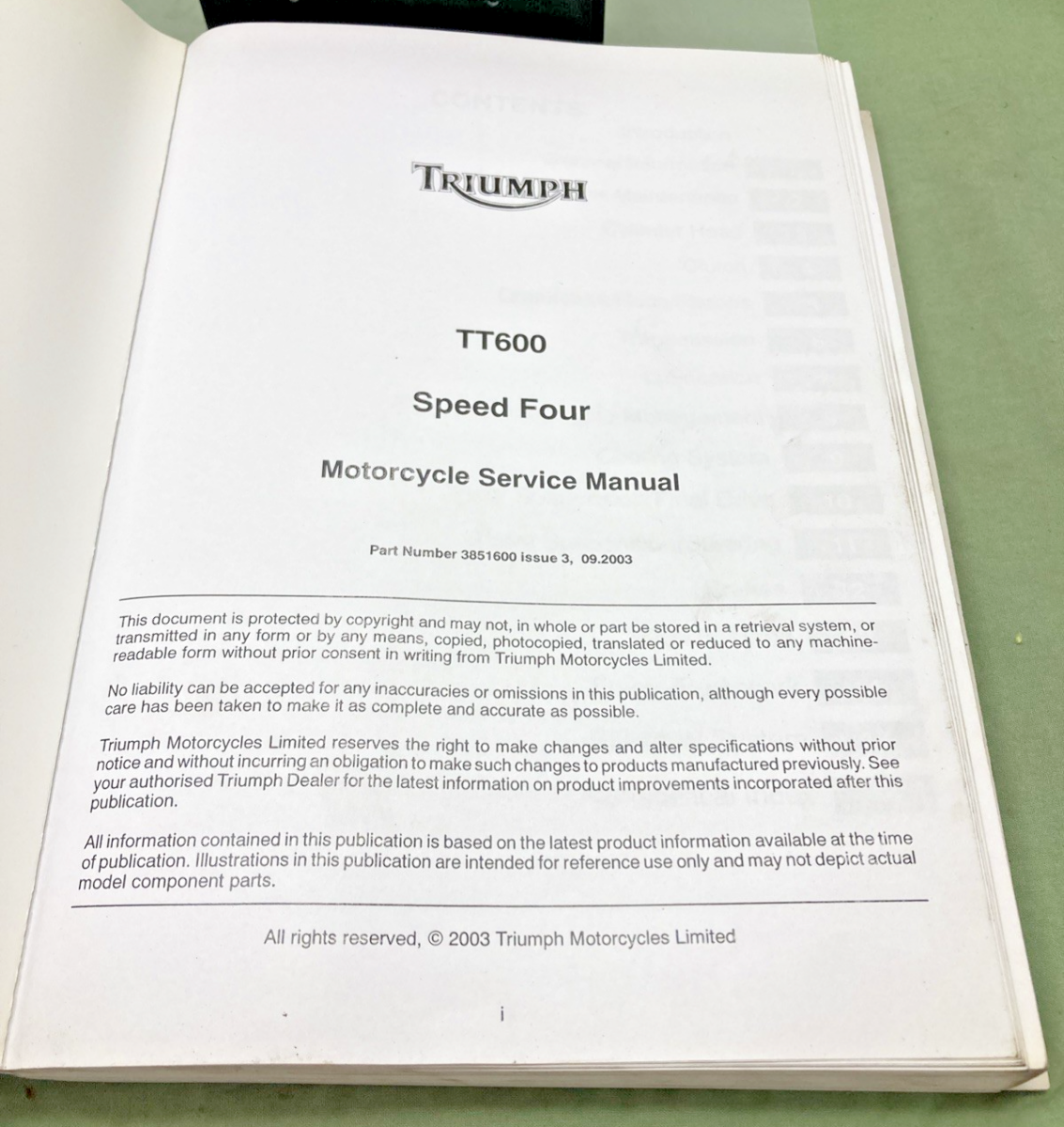 GENUINE TRIUMPH 3851600 TT600 SPEED FOUR SERVICE MANUAL 2003