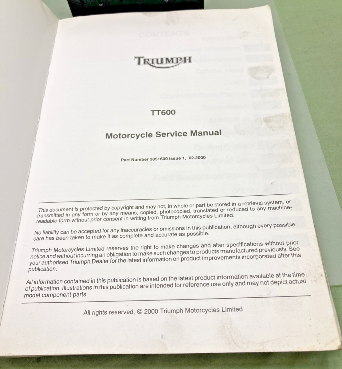 GENUINE TRIUMPH 3851600 TT600 SERVICE MANUAL 2000