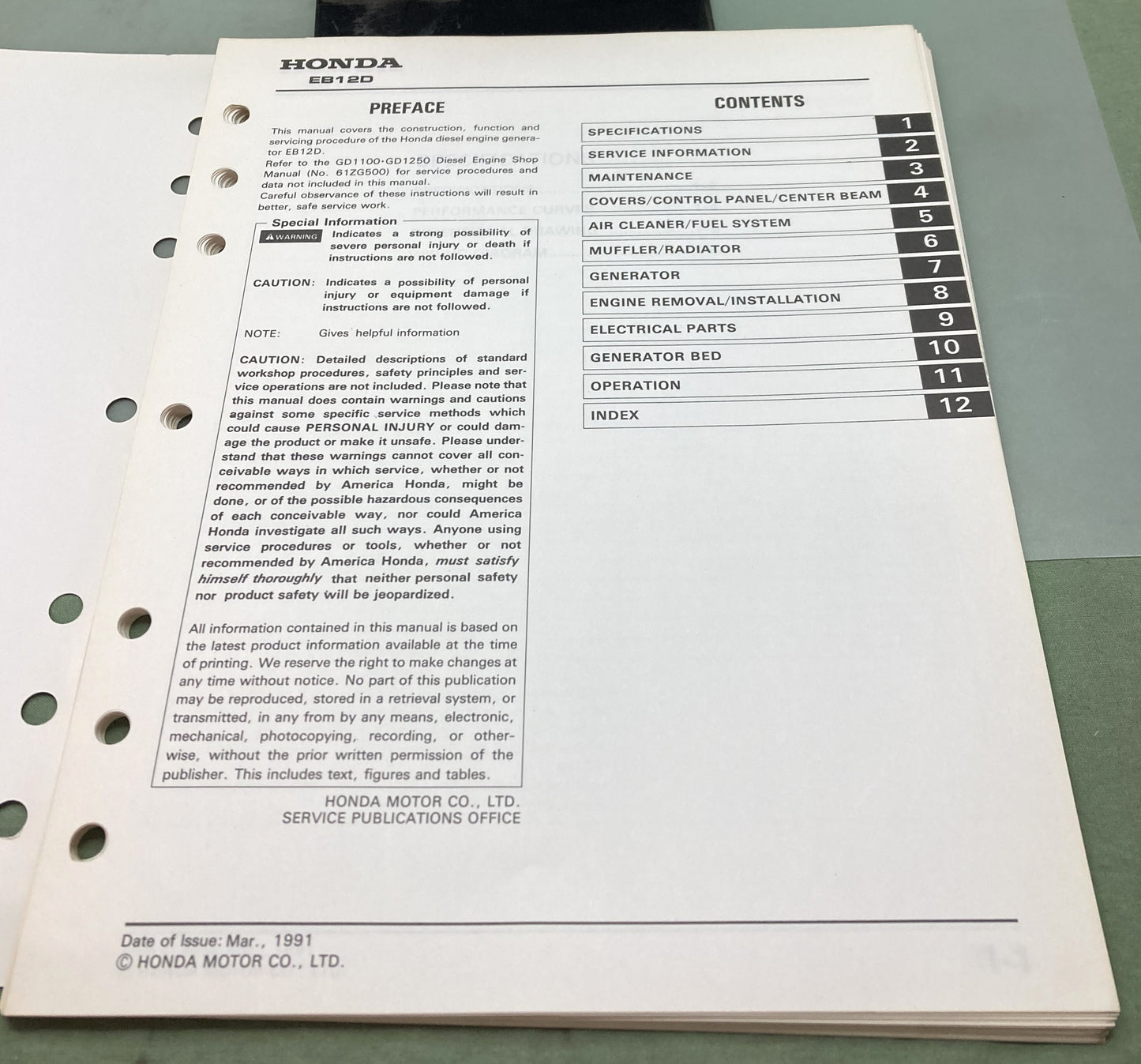 Genuine Honda 61ZC600 EB12D Generator Shop Manual 1991