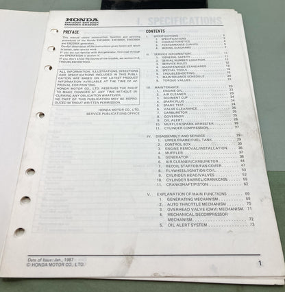 Genuine Honda 61ZB101 EM1600X EM1800X EM2200X EB2200X Shop Manual 1983
