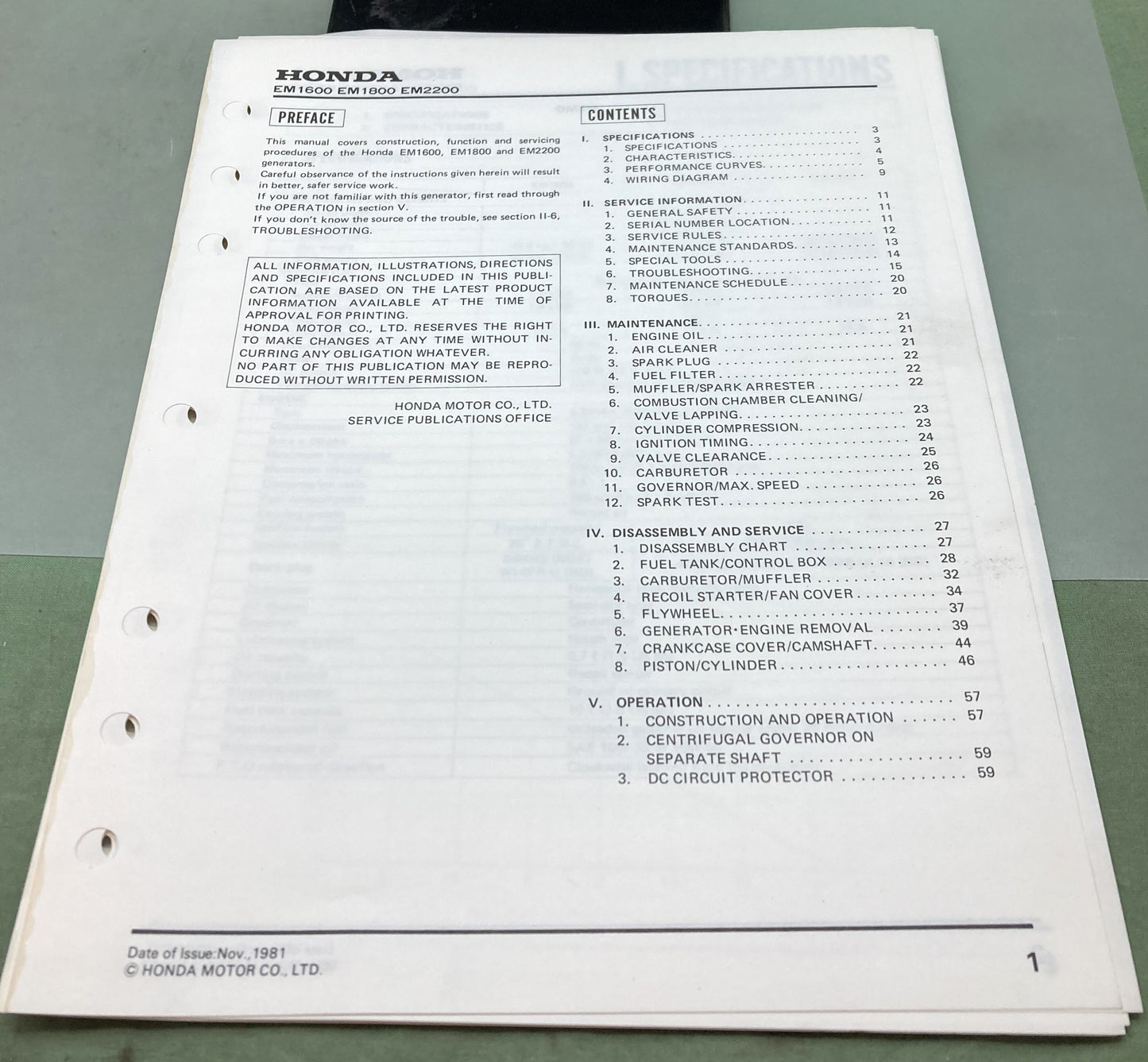 Genuine Honda 6189700 EM1600 EM1800 EM2200 Shop Manual 1981