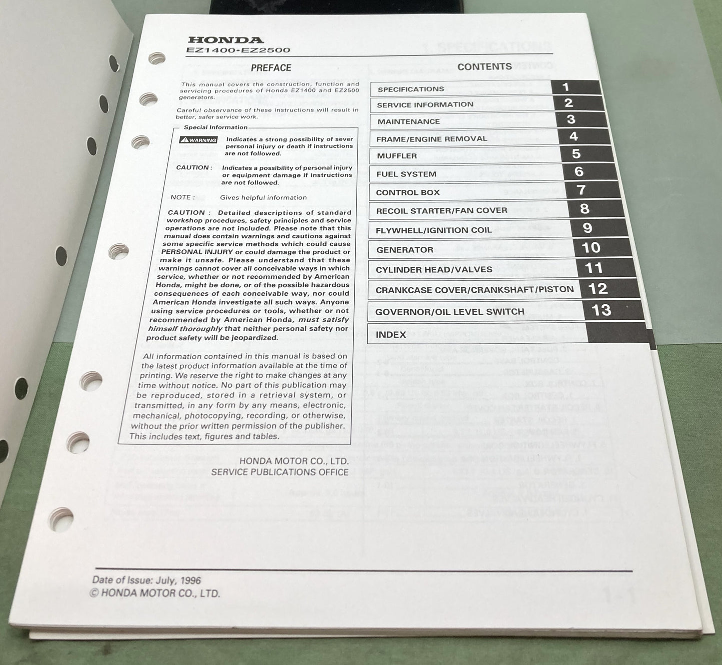 Genuine Honda 61ZS000 EZ1400 EZ2500 Generator Shop Manual 1996