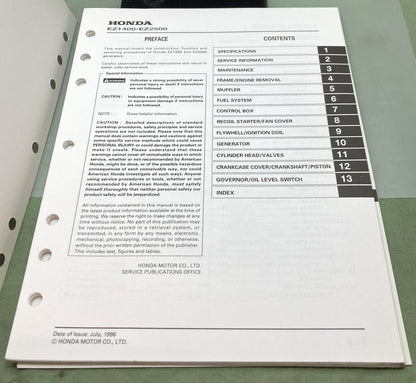 Genuine Honda 61ZS000 EZ1400 EZ2500 Generator Shop Manual 1996
