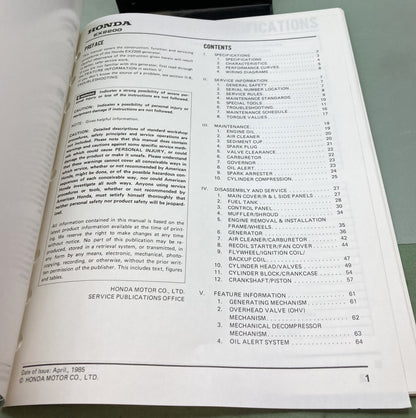 Genuine Honda 61ZB600 EX2200 Generator Shop Manual 1985