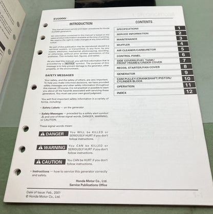 Genuine Honda 61Z0700 EU2000i Generator Shop Manual 2001
