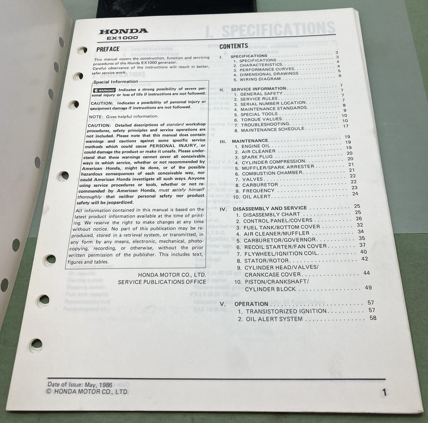 Genuine Honda 61ZC000 EX1000 Generator Shop Manual 1985