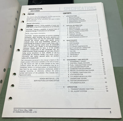 Genuine Honda 61ZC000 EX1000 Generator Shop Manual 1985