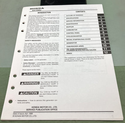 Genuine Honda 61ZT300Z EX700c Generator Shop Manual 1999