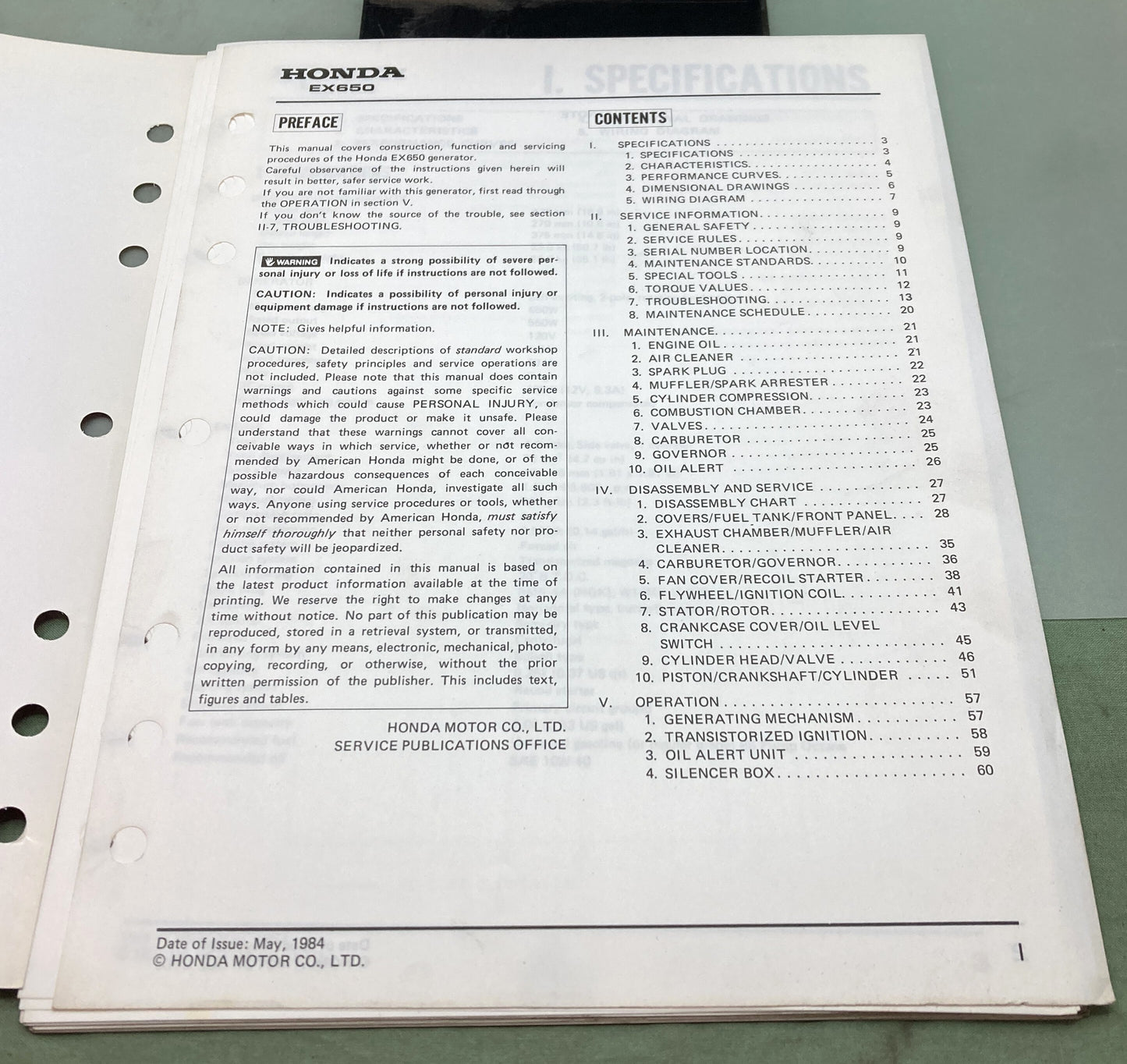 Genuine Honda 61ZA800 EX650 Shop Manual 1984