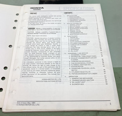 Genuine Honda 61ZA800 EX650 Shop Manual 1984