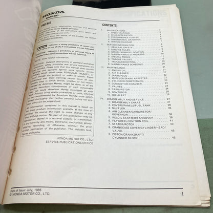 Genuine Honda 61ZA870 EM650 Shop Manual 1985