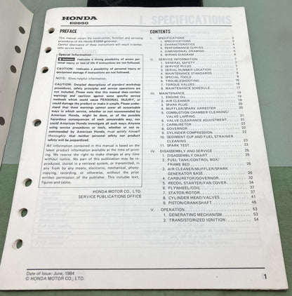 Genuine Honda 61ZA850 EG650 Shop Manual 1984