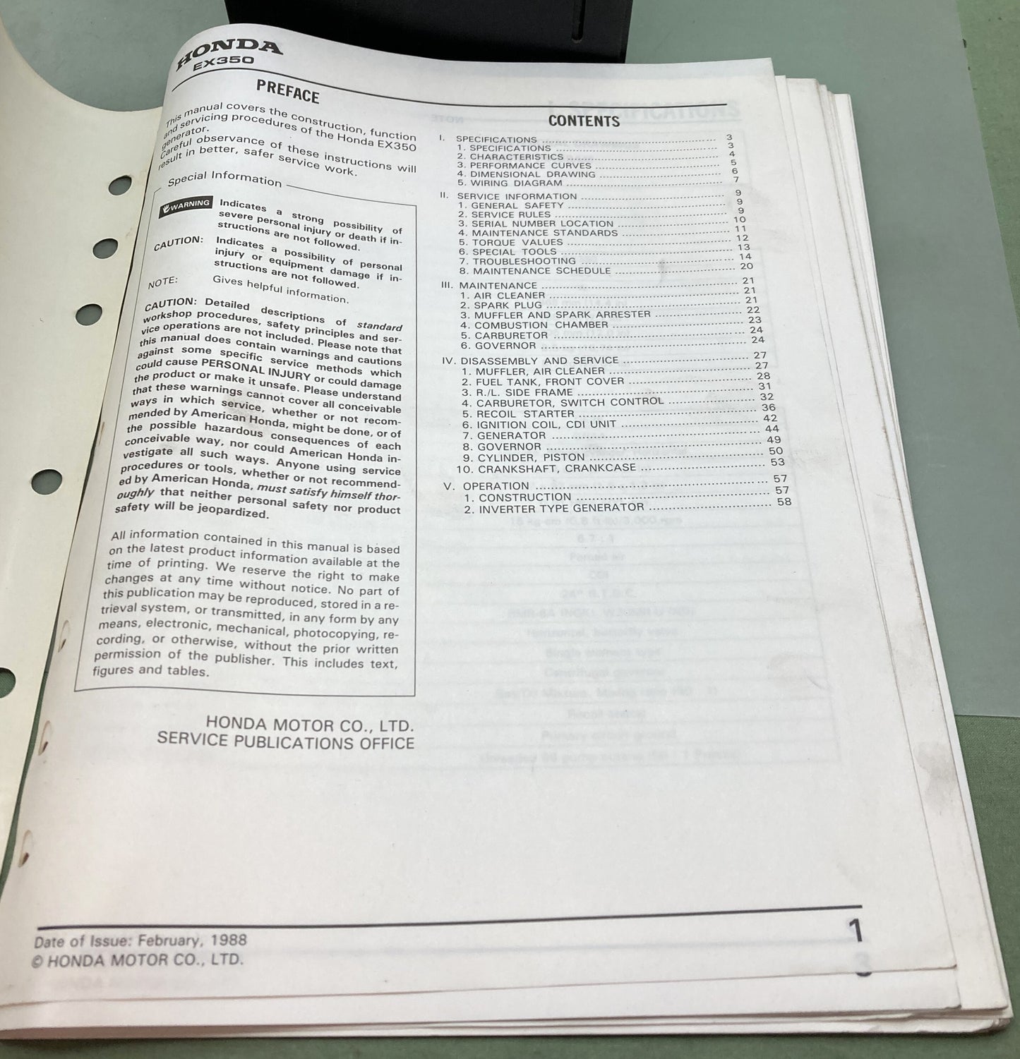 Genuine Honda 61ZC300 EX350 Generator Shop Manual 1988