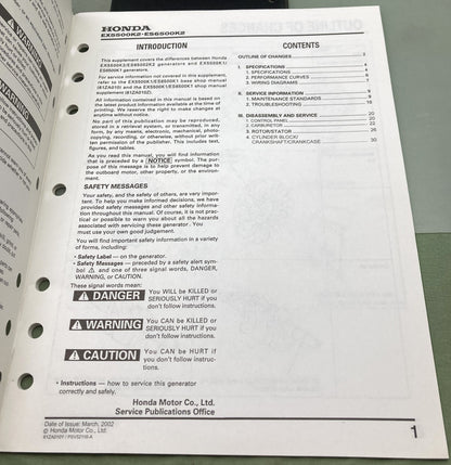 Genuine Honda 61ZA010Y EX5500 ES6500 Supp. Shop Manual 2002