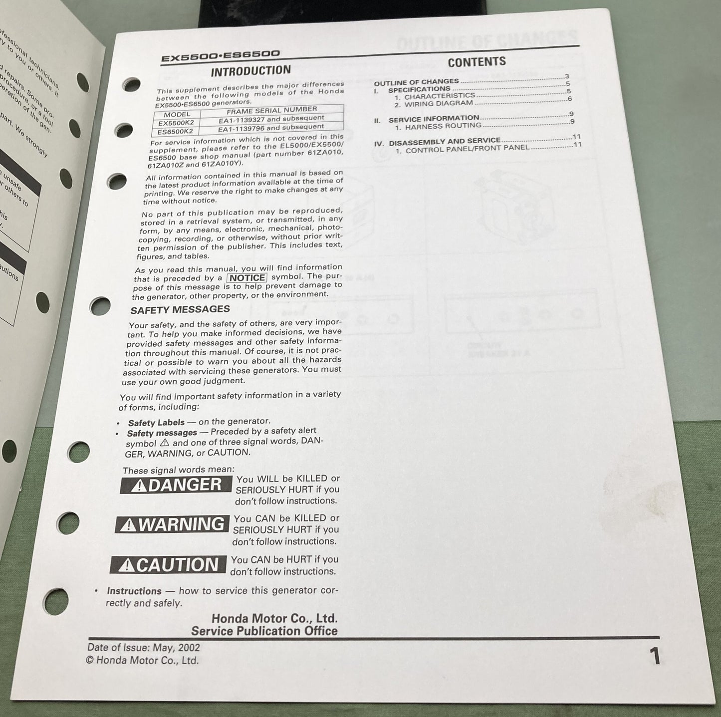 Genuine Honda 61ZA010X EX5500 ES6500 Supp. Shop Manual 2002