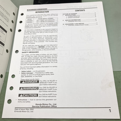 Genuine Honda 61ZA010X EX5500 ES6500 Supp. Shop Manual 2002