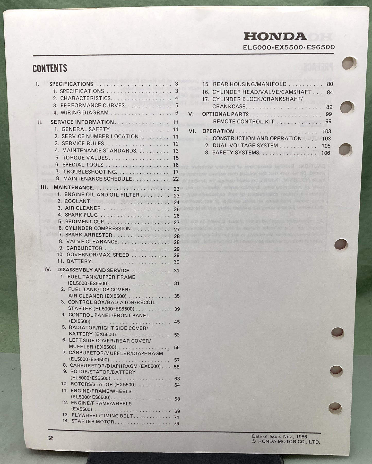 Genuine Honda 61ZA010 EL5000 EX5500 ES6500 Shop Manual 1985