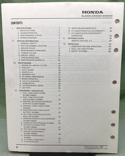 Genuine Honda 61ZA010 EL5000 EX5500 ES6500 Shop Manual 1985