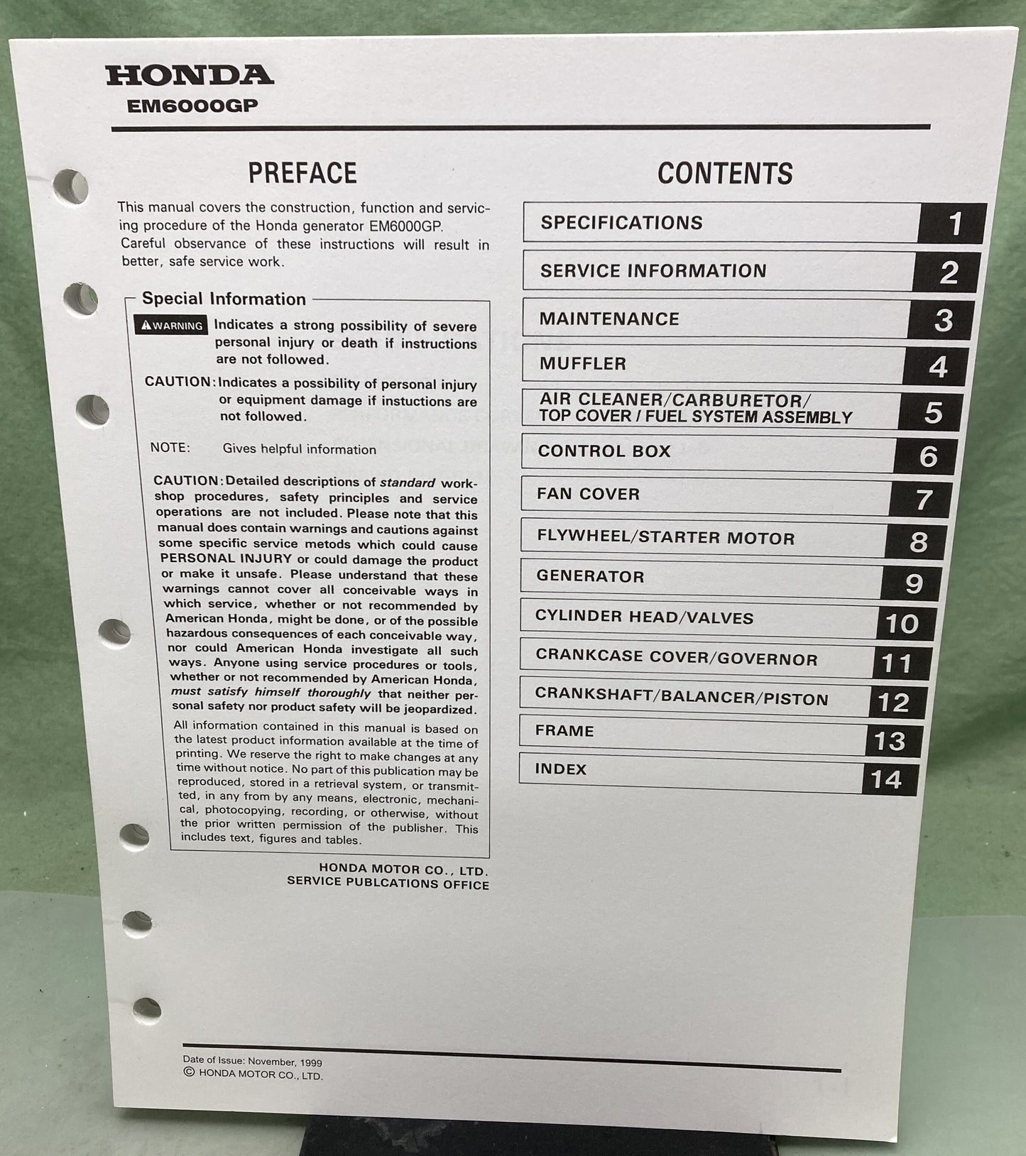 Genuine Honda 61ZD100X EM6000GP Generator Shop Manual 1999