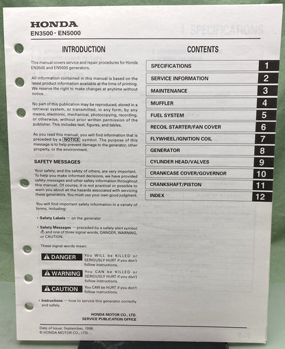 Genuine Honda 61Z0000 EN3500 EN5000 Generator Shop Manual 1999