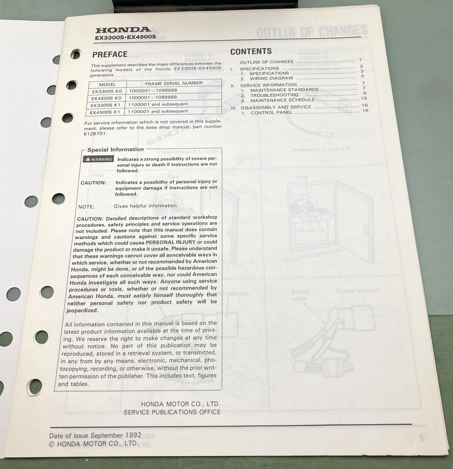 Genuine Honda 61ZB701Z EX3300S EX4500S Generator Supp. Shop Manual 1992