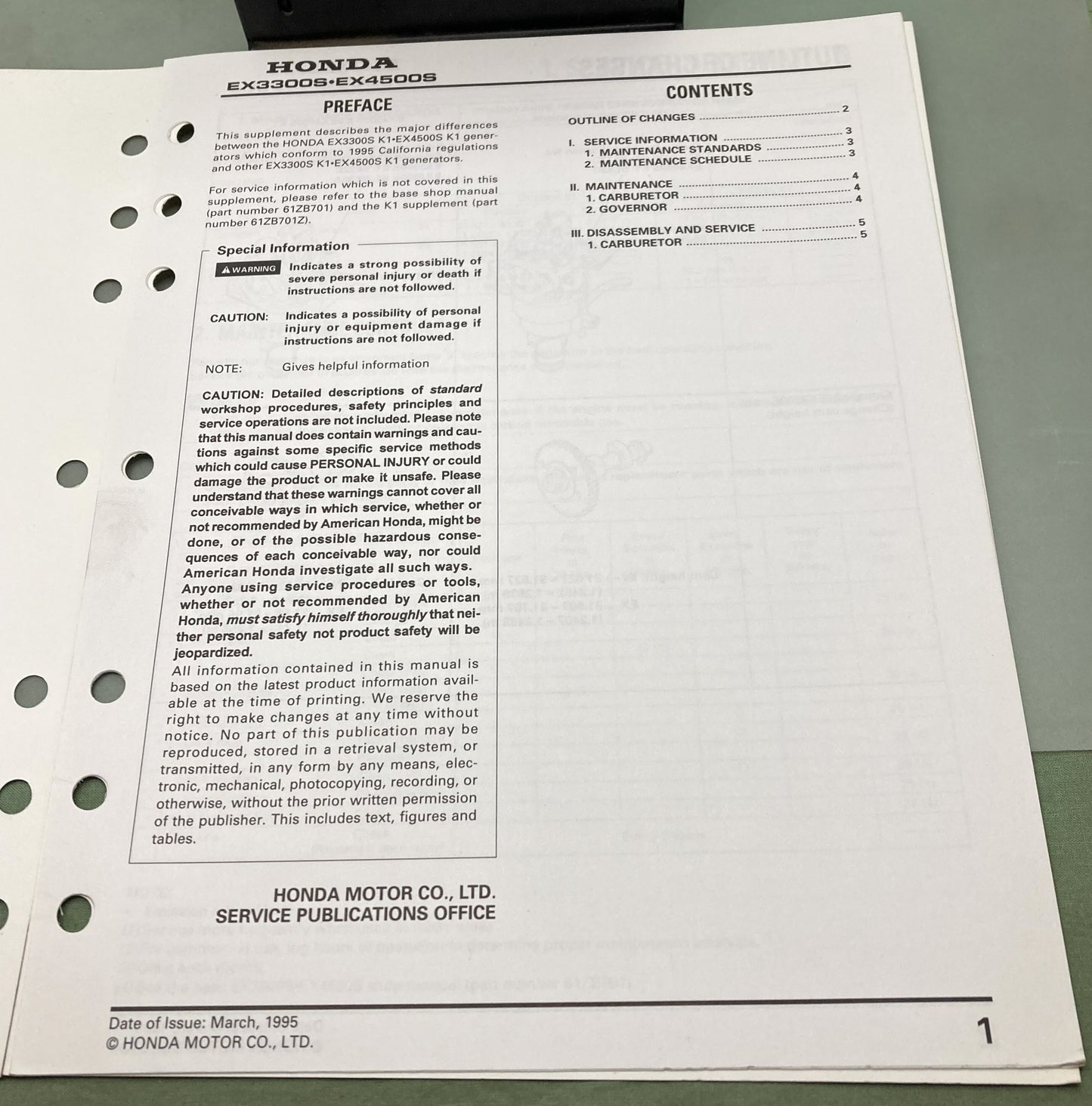 Genuine Honda 61ZB701Y EX3300S EX4500S Generator Supp. Shop Manual 1995