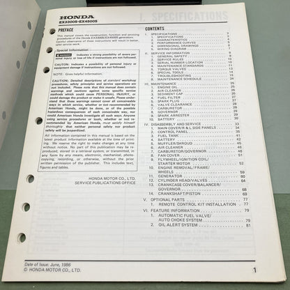 Genuine Honda 61ZB701 EX3300S EX4500S Generator Shop Manual 1986