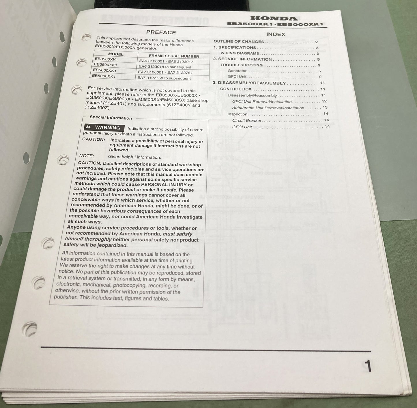Genuine Honda 61ZB401X EB3500XK1 EB5000XK1 Generator Supp. Shop Manual 1998
