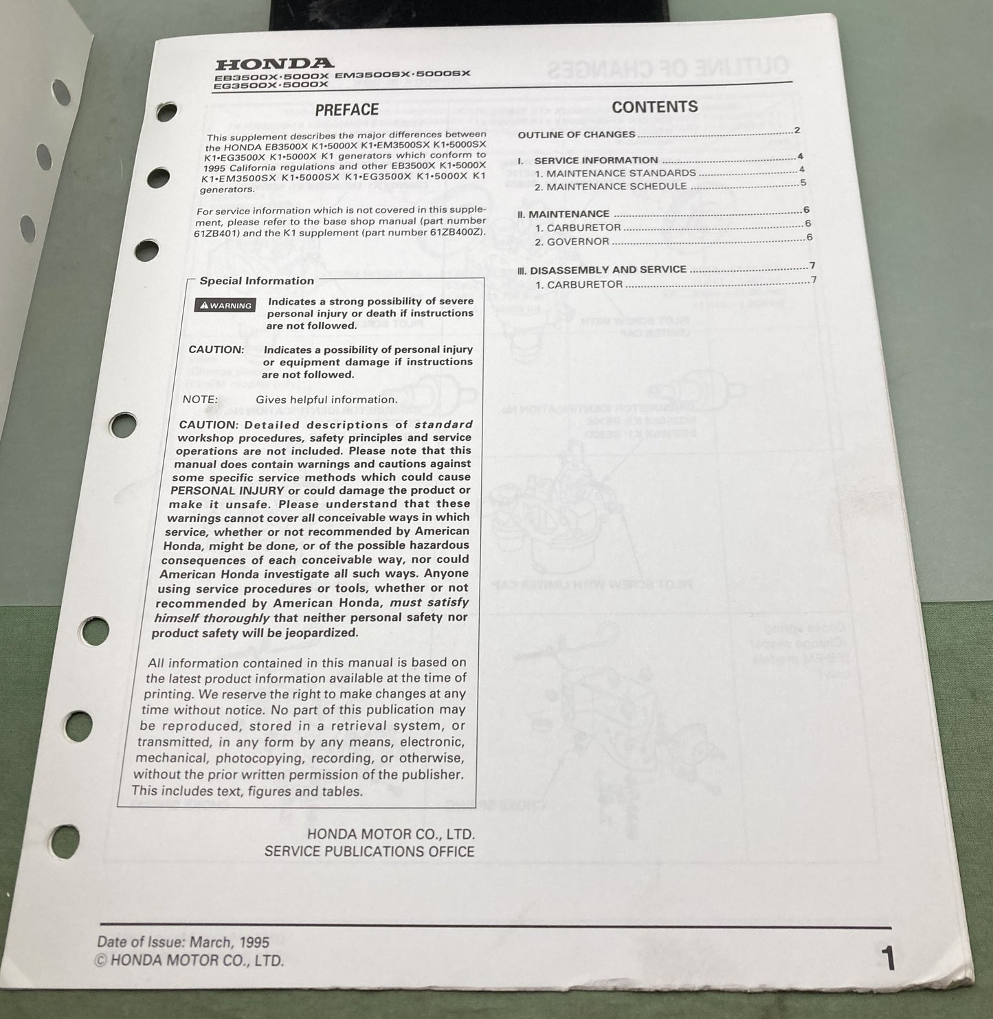 Genuine Honda 61ZB400Y EB3500X/5000X Generator Supp. Shop Manual 1995