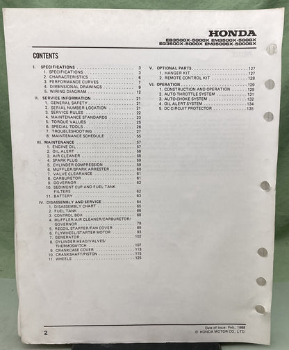 Genuine Honda 61ZB401 EB3500X/5000X Generator Shop Manual 1986