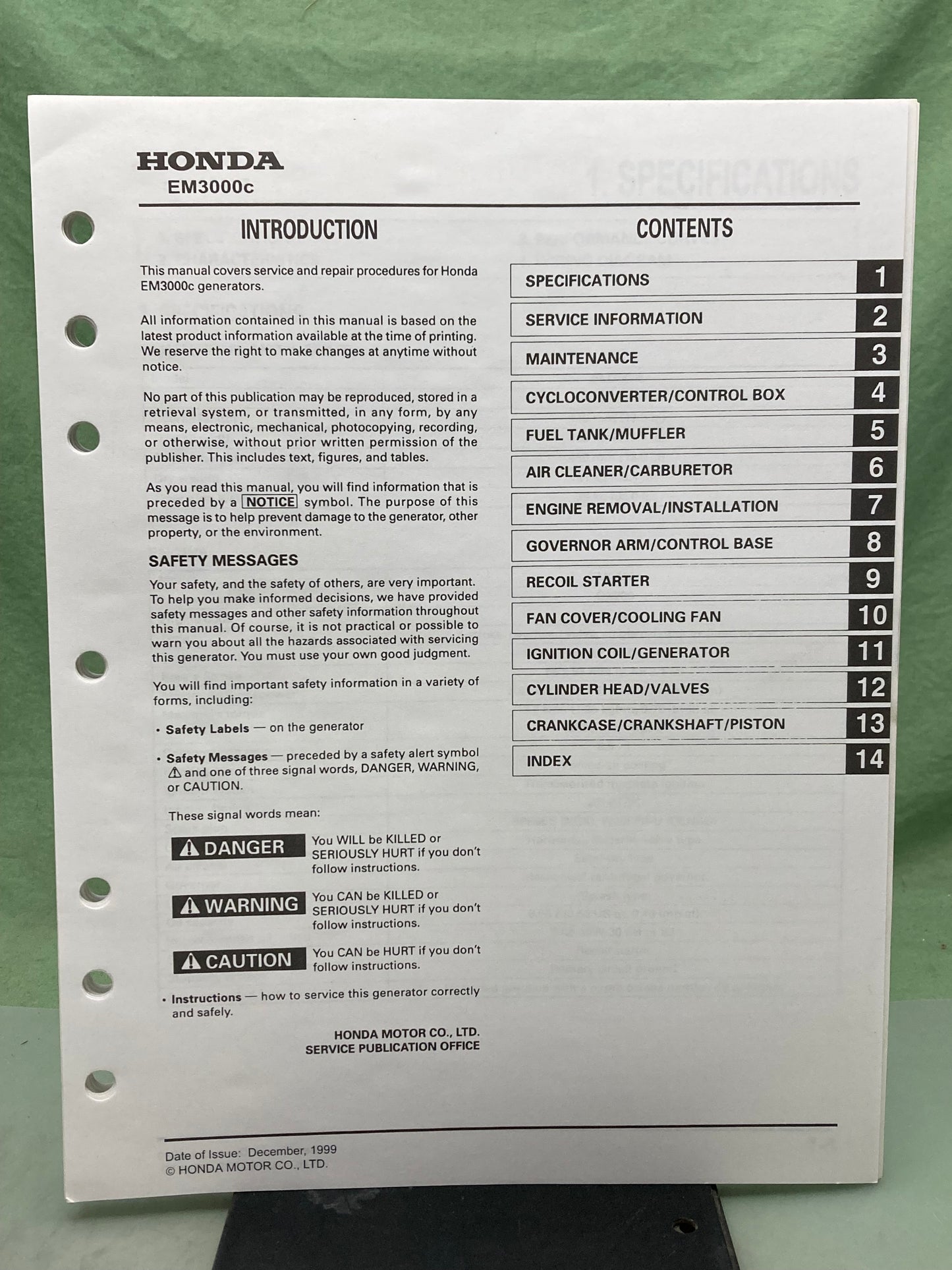 Genuine Honda 61Z0300Y EM3000c Generator Shop Manual 1999