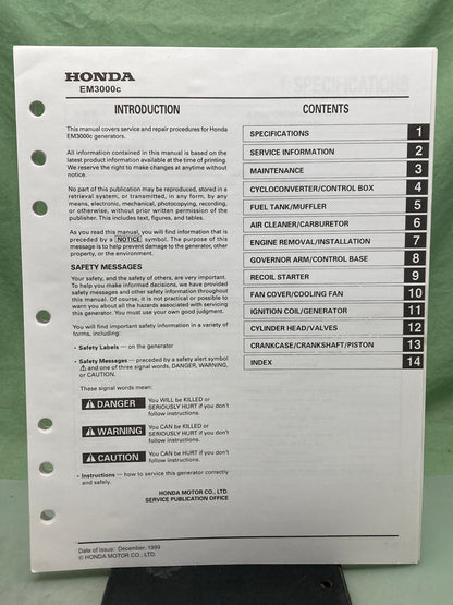 Genuine Honda 61Z0300Y EM3000c Generator Shop Manual 1999