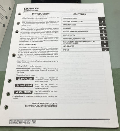 Genuine Honda 61ZT200 EN2000/2500 Generator Shop Manual 1998