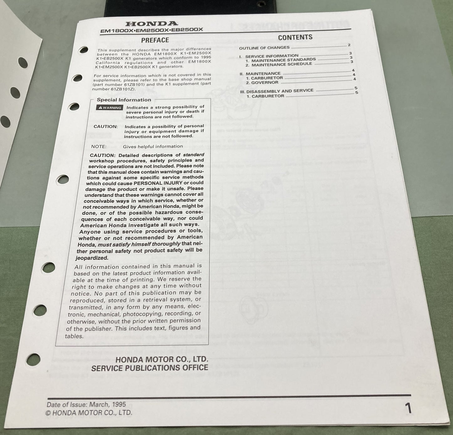 Genuine Honda 61ZB101Y EM1800X EM2500X EB2500X Generator Supp. Shop Manual '95