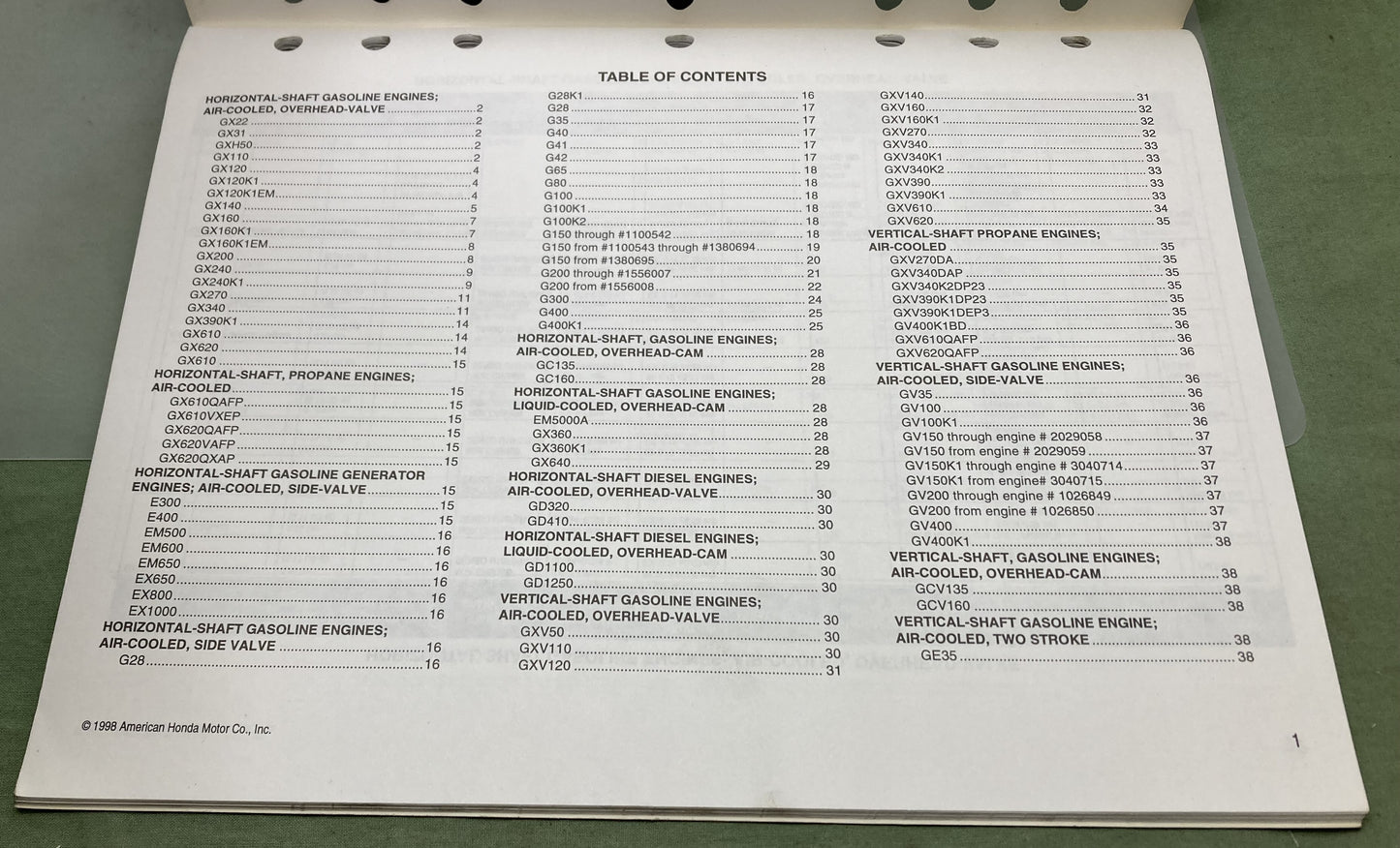 Genuine Honda TO144 Engine Service Specifications 1998