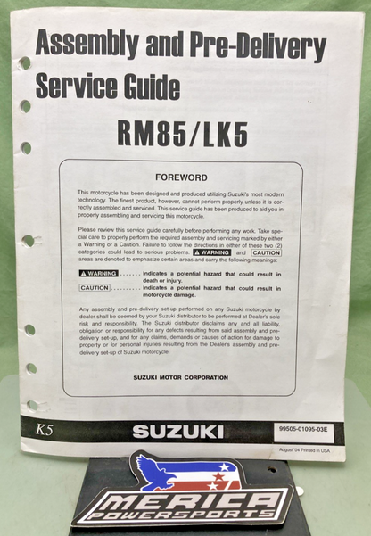 GENUINE SUZUKI 99505-01095-03E RM85/LK5 ASSY AND PRE-DELIVERY SERVICE GUIDE 2004