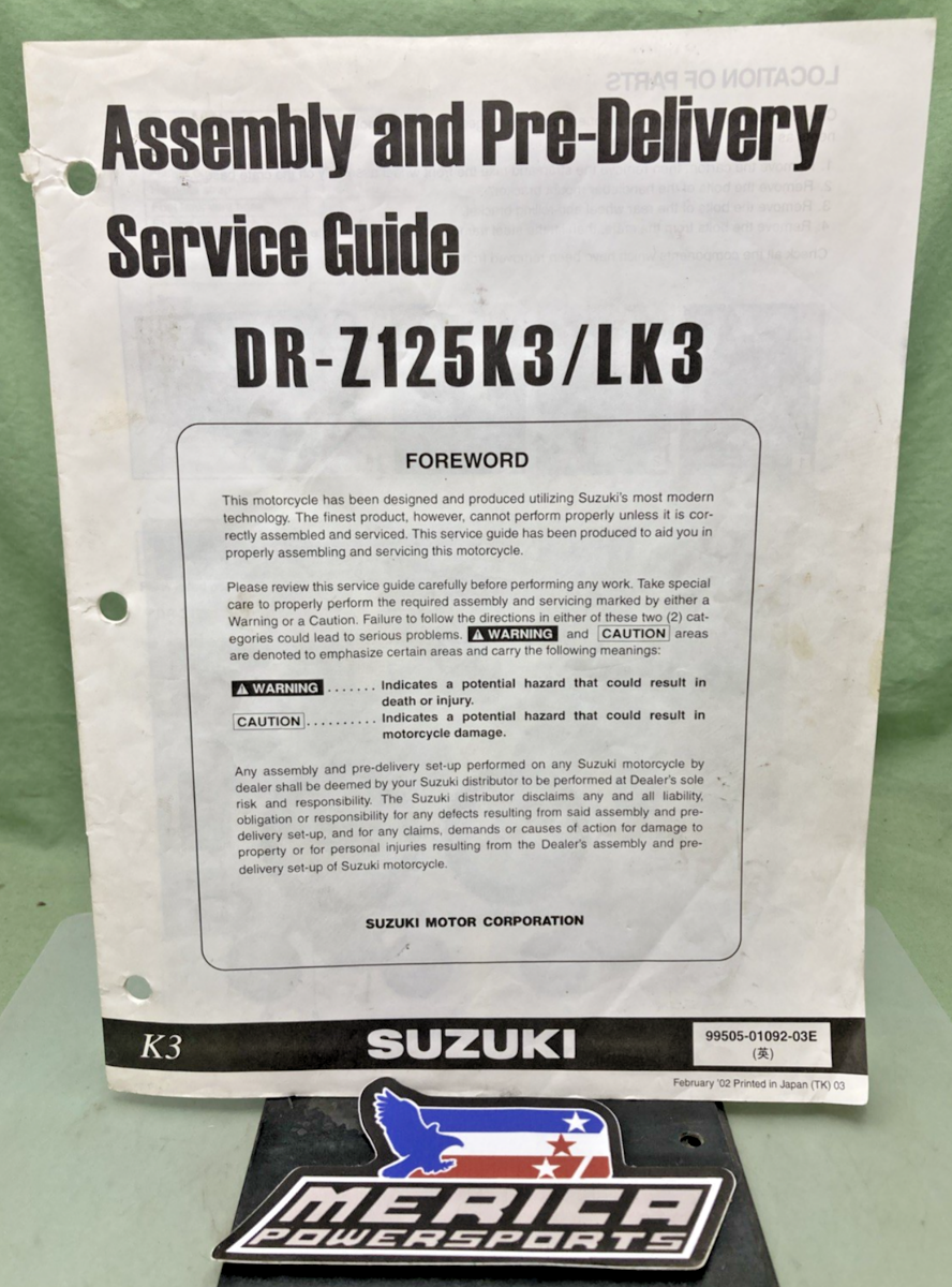GENUINE SUZUKI 99505-01092-03E DR-Z125K3/LK3 ASSY & PRE-DELIVERY SER. GUIDE '02