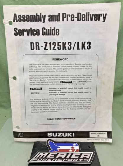 GENUINE SUZUKI 99505-01092-03E DR-Z125K3/LK3 ASSY & PRE-DELIVERY SER. GUIDE '02
