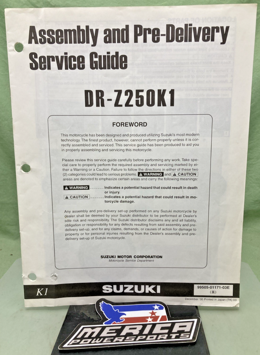 GENUINE SUZUKI 99505-01171-03E DR-Z250K1 ASSEMBLY AND PRE-DELIVERY SERVICE GUIDE