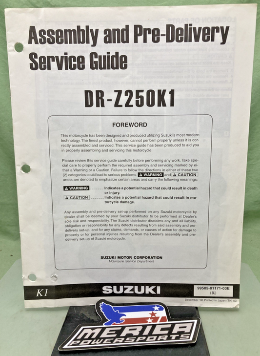 GENUINE SUZUKI 99505-01171-03E DR-Z250K1 ASSEMBLY AND PRE-DELIVERY SERVICE GUIDE
