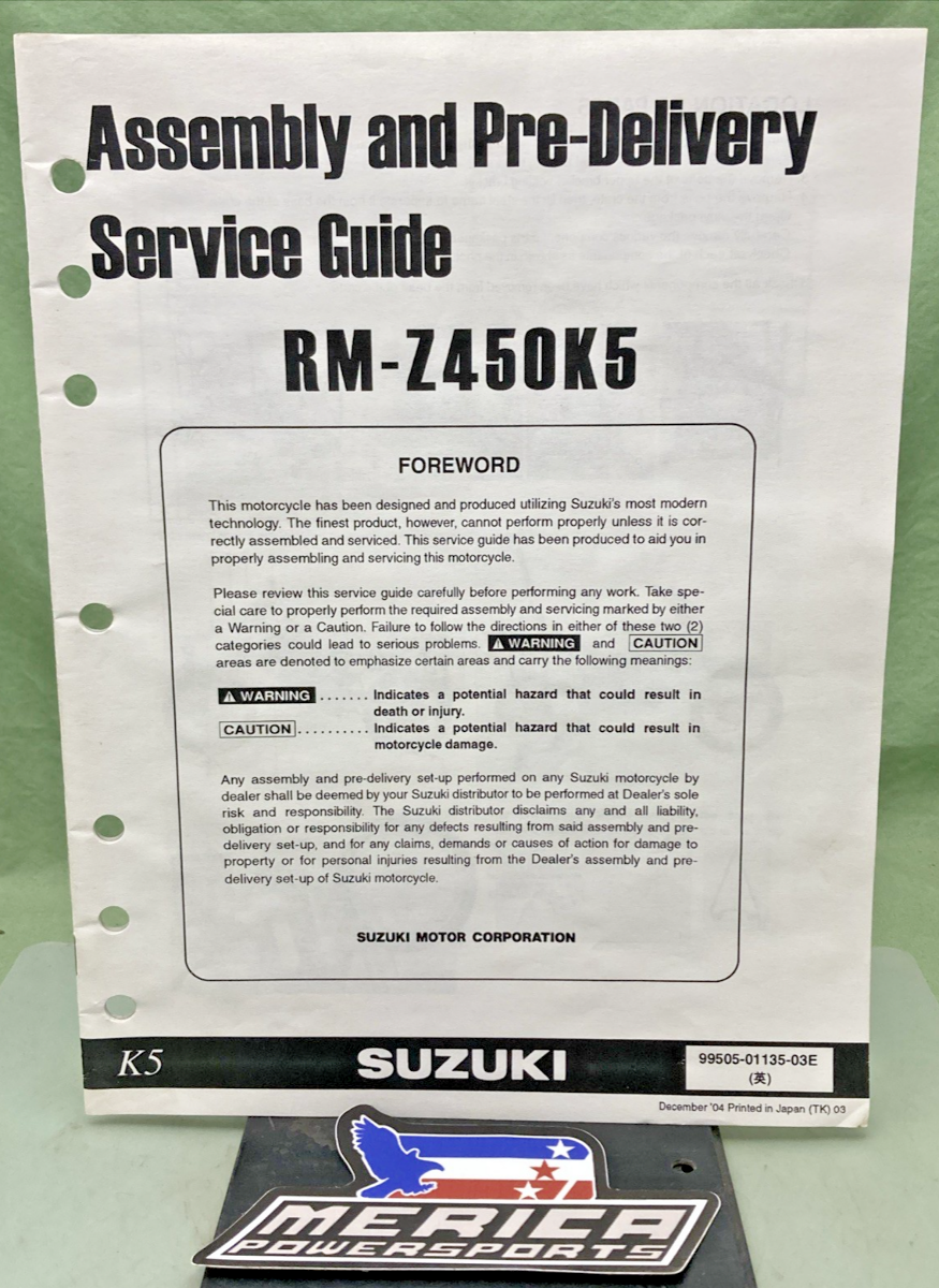 GENUINE SUZUKI 99505-01135-03E RM-Z450K5 ASSY AND PRE-DELIVERY SERVICE GUIDE '04