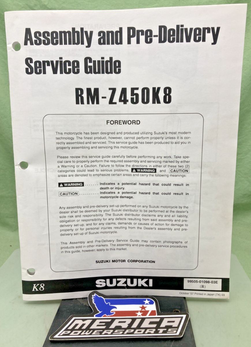 GENUINE SUZUKI 99505-01098-03E RM-Z450K8 ASSY AND PRE-DELIVERY SERVICE GUIDE '07
