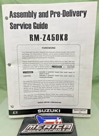GENUINE SUZUKI 99505-01098-03E RM-Z450K8 ASSY AND PRE-DELIVERY SERVICE GUIDE '07