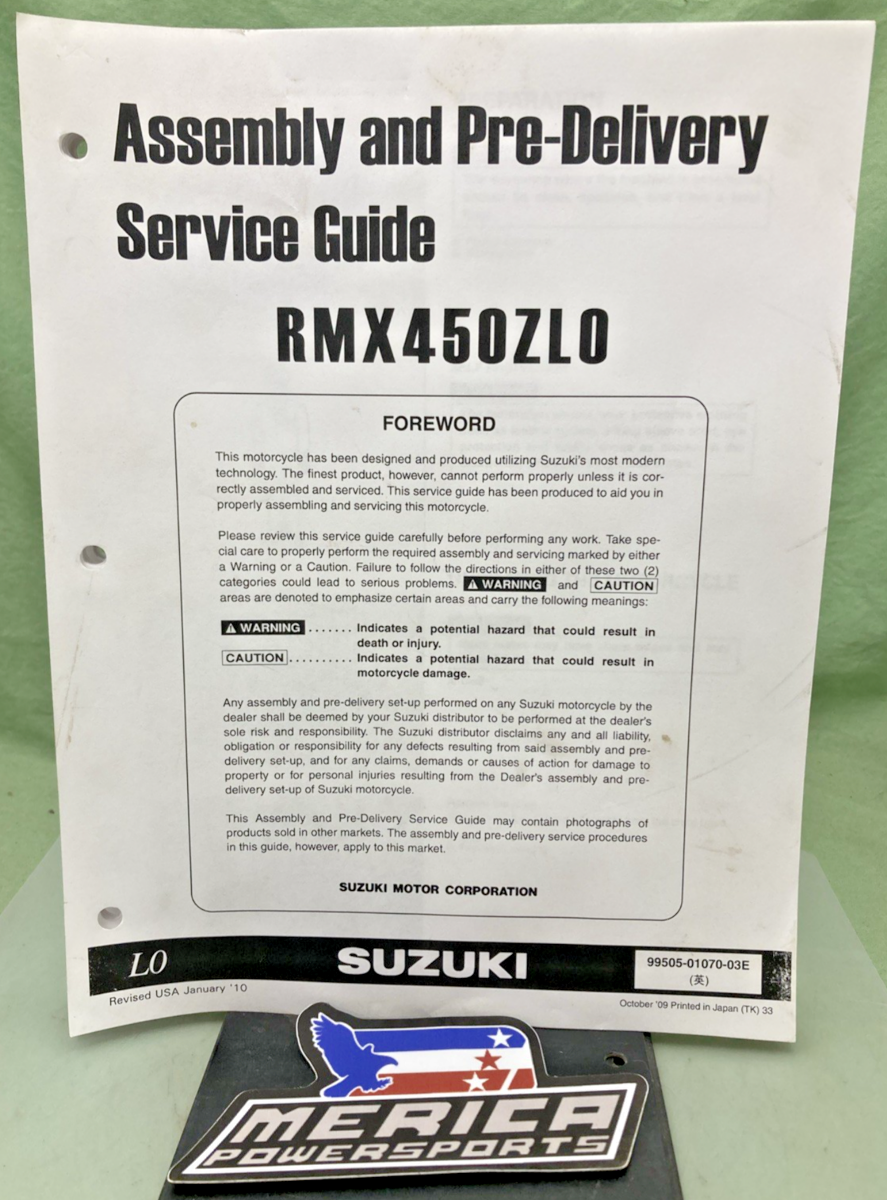 GENUINE SUZUKI 99505-01070-03E RMX450ZL0 ASSY AND PRE-DELIVERY SERVICE GUIDE '09