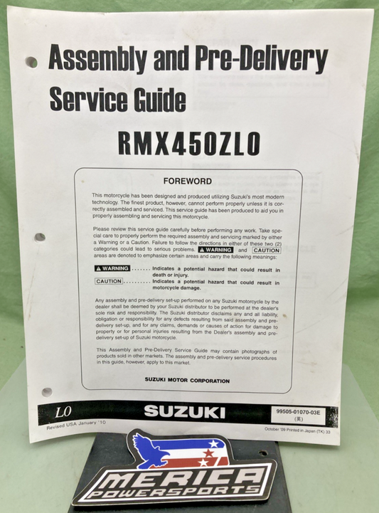 GENUINE SUZUKI 99505-01070-03E RMX450ZL0 ASSY AND PRE-DELIVERY SERVICE GUIDE '09