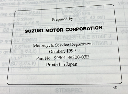 GENUINE SUZUKI 99501-39300-03E GSX1300R SUPPLEMENTARY SERVICE MANUAL 1999
